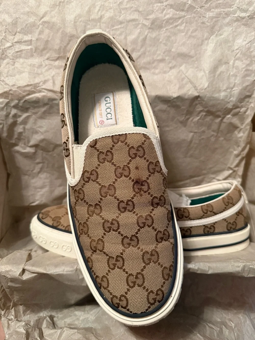 Gucci Brown Beige GG Monogram Slip-On Sneakers
